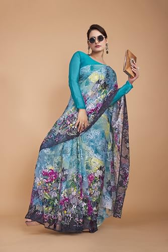 Image of Garden Vareli Summer Roganza Viscose Brasso Floral Print Saree with Unstitched Blouse Piece