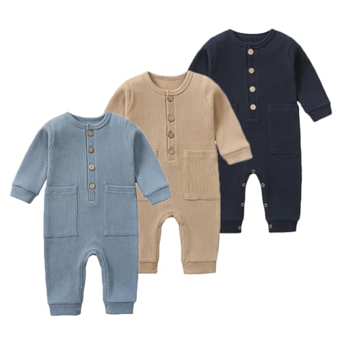 Image of BeiVSlley Newborn Baby Boy Girl 2 Pack Button Solid Romper Infant Long sleeve Knit Cotton Footless Outfits Clothes
