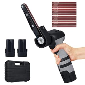 Akku Bandschleifer, multifunktionaler Mini Fingerschleifer mit 2×1500mAh Batterien, 15 Schleifbändern, 6500 U/min, 360° verstellbarer Schleifkopf für Holz, Metall, Leder, Glas und mehr