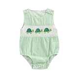 GOOCHEER Newborn Baby Boy Summer Outfit Octopus/Turtle Smocked Bubble Romper Striped Overall Sleeveless Bodysuit Clothes (Green, 0-3 Months)