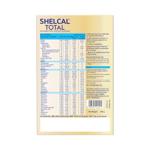 Image of Shelcal Total - Powered by Protein, Multi-Vitamin, Multi-Mineral & Prebiotic supports Bone, Joint & Muscle, Immunity, Gut Health, No Added Sugar (Dark Chocolate) 400g - By Torrent Pharma, Pack of 2