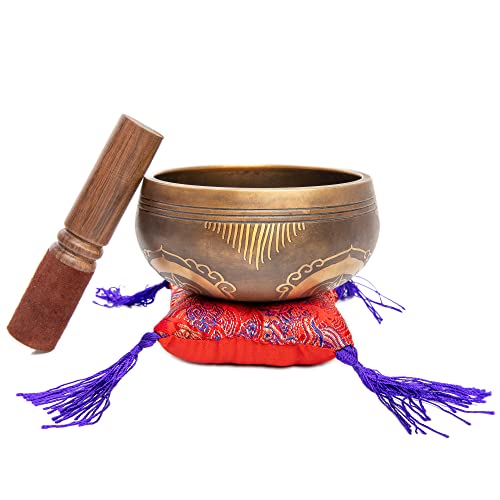Image of Tibetan Singing Bowl Set - Easy To Play Authentic Handcrafted For Meditation Sound Chakra Yoga Healing 4 Inches By Himalayan Bazaar (Brown and Maroon)