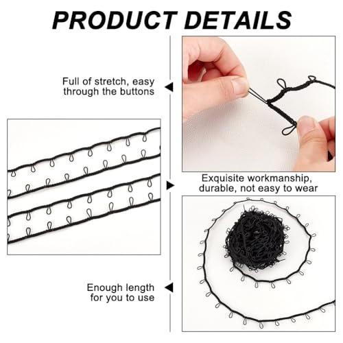 AHANDMAKER 15 Yards Braid Trim with Elastic Button Loops Black Button Loop Tape Sewing Dress Zipper Extender Buttonhole Lace Trim for Wedding Bridal Dress Costume Collars DIY Crafts - Image 4