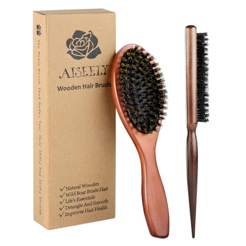 2Pcs AISEELY Teasing Brosse à Cheveux de Salon en Poils de Sanglier, pour Femmes Hommes, pour Cheveux Ondulés, Secs ou Abîmés
