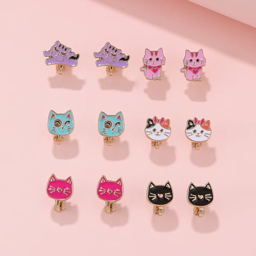 6 Pairs Cute Animal Cat Dinosaur Clip on Earrings Lovely Pet Non Pierced Enamel Earrings for Women Girls Christmas Birthday Gift2