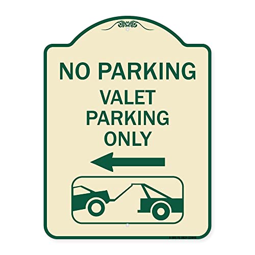 SignMission Designer Series Sign - No Parking Valet Parking Only (with Left Arrow) (with Car Tow Graphic) | Tan & Green 18" x 24" Heavy-Gauge Aluminum Architectural Sign | Made in The USA