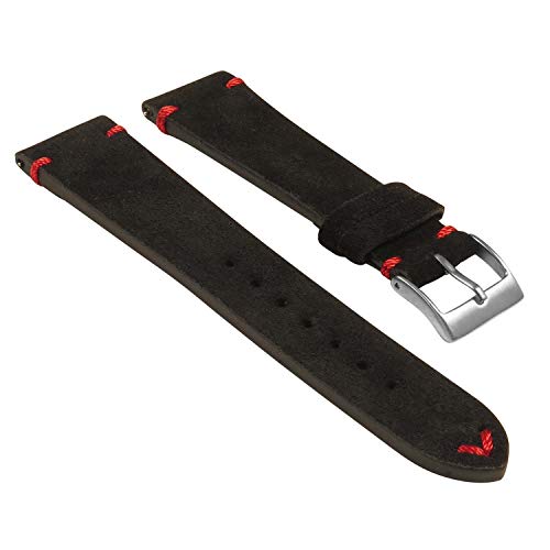 StrapsCo Hand-Stitched Suede Leather Quick Release Watch Band Strap - Black & Red - 22mm - Short Length