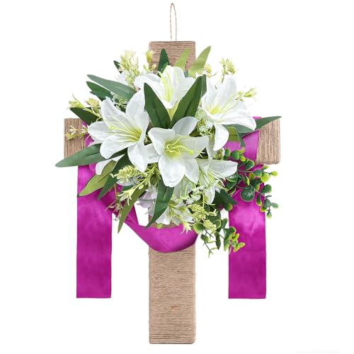 Easter Cross Wreaths for Front Door 16 Religious Spring Wreath with Lily and Purple Ribbon Christian He is Risen Easter Decor Rustic Twine Wrapped Hanging Ornament Wall Porch Farmhouse Home Decor