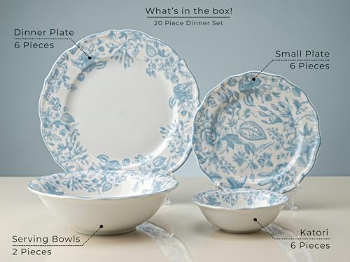 Image of Bodhi House Porcelain Dinner Set 20 Pieces - Blue Leaf White Dinnerware Set | 6 Dinner Plates, 6 Quarter Plates, 6 Katori Bowls, 2 Serving Bowls | Premium Crockery Set for Dining, Kitchen & Gifting