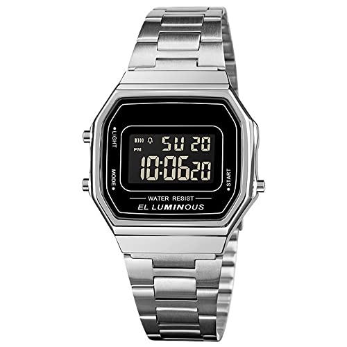 Herren Digital Quarz Uhr,Multifunktionales Herren Elektronische Armbanduhr,WasserdichtesLED Back Light Business Uhr, Edelstahlarmband Cover