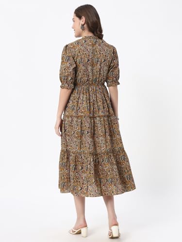 Image of PIDAVLIYA'S Women's Floral Summer Maxi Dress I Cotton Printed I One Piece Bodycon Midi Dress with V-Neck, Puffed Sleeves