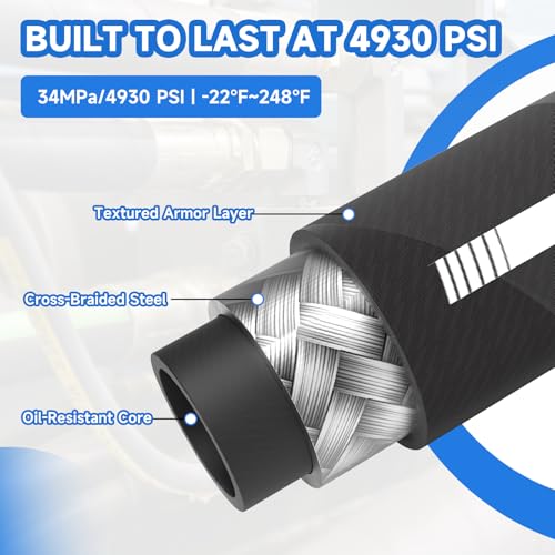 Image of 50 Ft 2-Wire 3 /4 Inch Hydraulic Hose with 10 JIC 37 + 10 NPTF Fittings) - 4930 PSI, 4-Layer Steel Braided, -22F to 248F Temp Range, Heavy-Duty Industrial Grade