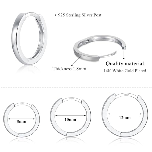 3 Pairs 925 Sterling Silver Hoop Earrings 14K White Gold Plated Small Silver Hoops Cartilage Huggie Earrings for Women Men2