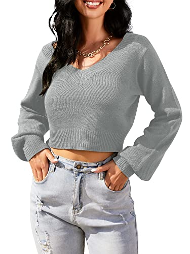 Image of ZAFUL Women's Cropped Sweater V-Neck Long Sleeve Pullover Jumper Knit Top | Crop Length, Ribbed Knit, Double V design, White sweater, Raglan sleeves, lantern sleeve, Fall & Winter, Loose fit, Oversized