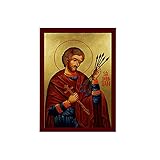 Generic Saint Sebastian icon, Handmade Greek Orthodox Catholic icon of St Sebastian, Byzantine Christian art wall hanging wood plaque religious gift, Red, Gold, Green, Brown