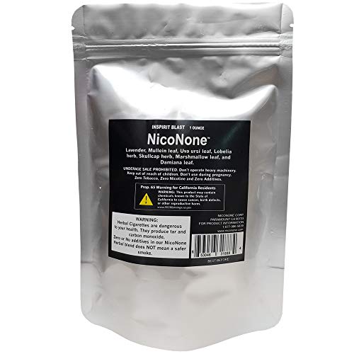 NicoNone -Inspirit Blast- Lavender, Mullein, Uva Ursi, Skullcap, Marshmallow, Damiana, Lobelia Leaf Smoking Blend Mix 1 Oz Bag Used with Tea, Herbal Cigarette Tobacco Free - Nicotine Free