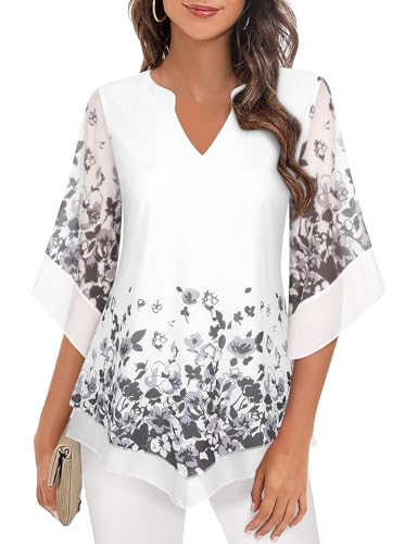 Womens Tops Dressy Casual 3/4 Sleeve Chiffon Blouses for Women UK Double Layered Business Tunic Shirts White Flower Pattern Floral Blouses Top Trendy Flattering Tops for Wedding Evening Party Tops