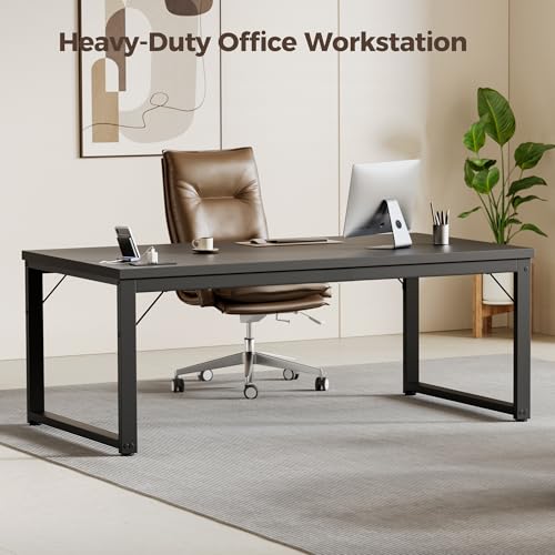 Image of 48 Inch Computer Desk with Power Outlets, 1.2 inch Thick Office Table | Modern Simple Style, Heavy Duty Industrial Frame, Small Study & Writing Table for Home Bedroom Work, Black