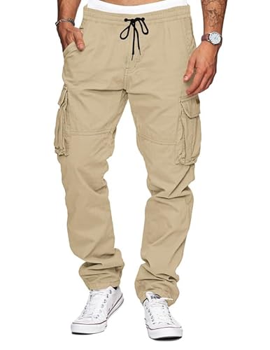 TARAINYA Herren Cargohose Baumwolle Baggy Hose Herren Kordelzug Outdoorhose Stretch Chino Männer Modern mit Taschen Helleskhaki 3XL