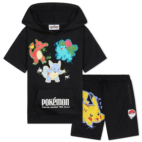 Pokémon Short à Capuche Survêtements Garçon et Ado 2 Pz Set Pikachu Manches Courtes Jogging Enfant Poches Zippées Cadeau Garcon (5-6 Ans, Noir)