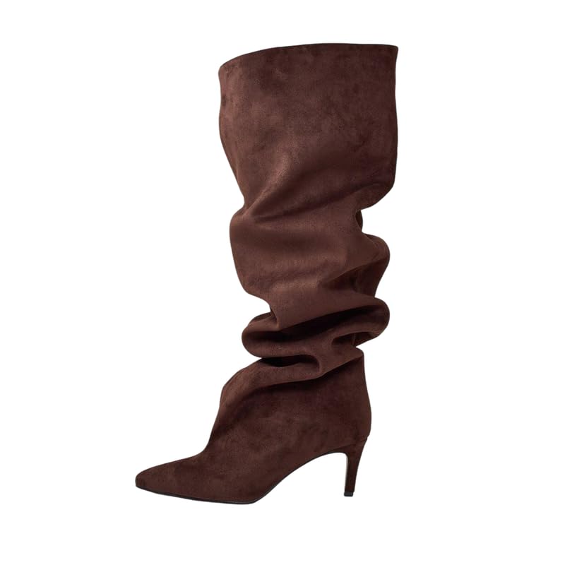 sexytag Slouch Knee High Boots Pointed Toe Faux Suede Stiletto Kitten Heel Long Boots Fashion Fall Winter Boots
