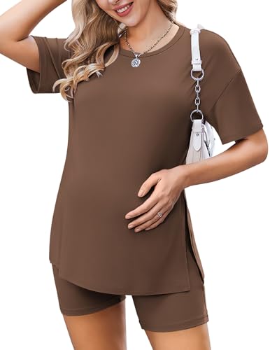 Image of Ekouaer Women Maternity Sets 2 Piece Outfits Summer T Shirts and Biker Shorts Set Pregnancy Loungewear