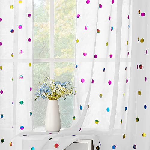 White Sheer Curtains For Bedroom 63-Inch Metallic Polka Dot Printed Window Curtain Panels For Nursery Kids Room No See Through Cute Voile Curtains Drapes For Girls Bedroom, Rod Pocket 52" W 2Pcs #TOP1