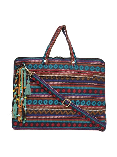 Image of The House of tara Office Laptop Bag for Women 13.3 And 15.6 Inch | Ideal For Office & Travel | Multicolour Embellished Handloom Fabric | MacBook Messenger Business Bag for ladies