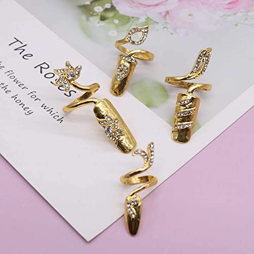 4 Pcs Opening Crystal Fingernail Ring Adjustable Rhinestone Nail Decoration Flower Finger Tip Rings Decoration Art Charm Fashion Accessories For Women Girls Gold Plated #TOP4