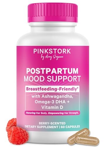 Image of Pink Stork Postpartum Mood Support - Postnatal Hormone Balance for Women - Breastfeeding Friendly New Mom Essentials - Ashwagandha, Chamomile, & Vitamin D - Stress & Mood, 60 Capsules