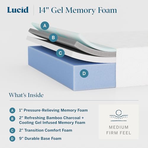 LUCID 14 Inch Memory Foam Mattress - Medium Feel - Memory Foam Infused with Bamboo Charcoal and Gel - Temperature Regulating - Pressure Relief - Breathable - Premium Support - Twin XL SizeTwin XL Size
