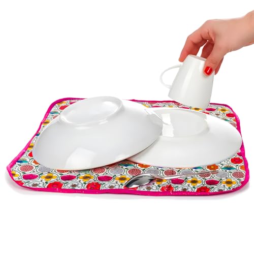 Avilia Panno Tappetino Scolapiatti in Microfibra Rosa con Fantasia a Fiori - Ideale sia per Assorbire l'Acqua di Piatti e Bicchieri sia Per Asciugare le Stoviglie Dopo il Lavaggio Evitando i Graffi