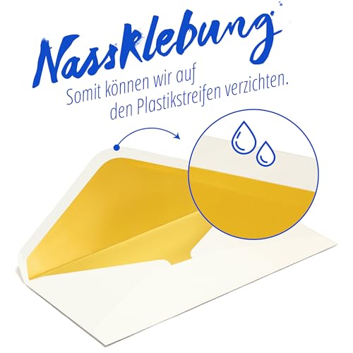 Japun – Briefumschläge (50 Stück), Kuvert, Umschlag ohne Fenster - DIN lang - 220 x 110 mm - innen: Gold - Papier-Farbe: weiß