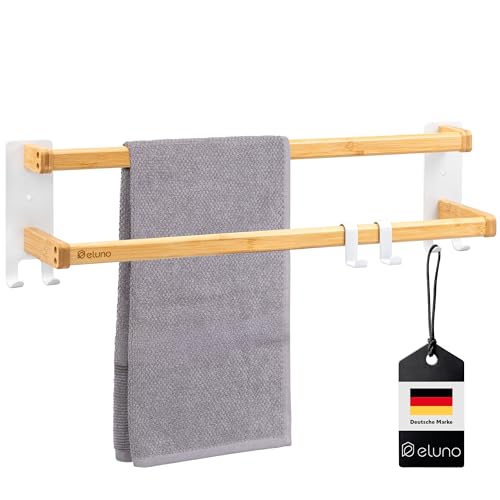 eluno Handtuchhalter 60 cm mit 2 Handtuchstangen und 6 praktischen Haken - mit hochwertigem Klebeband zum Kleben oder zum Bohren mit versetzten Handtuchstangen aus Metall und Bambus (weiß)