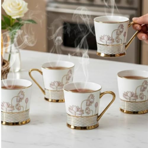 Image of Clay Craft Fine Ceramic Tea Cups Set of 6| 180 Ml Gold Print Cups with Handle | Elegant Design for Tea| Coffee| Home| Office & Gifting