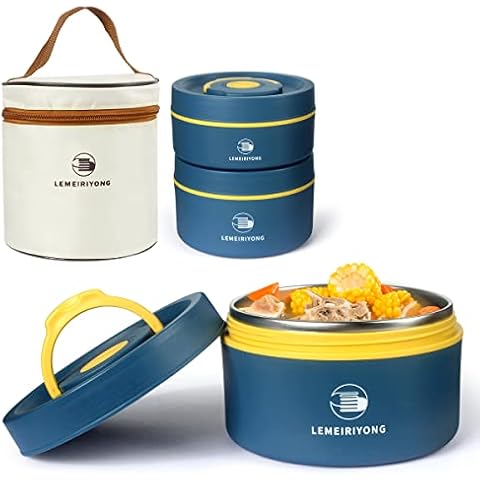 Keweis Bento Lunch Box Set, Insulated Lunch Containers with Thermal Bag, Stackable Stainless Steel Leakproof Lunch Boxes for Kids Teens Adults, Portable Food Container with Date Record, Set of 2 Cover