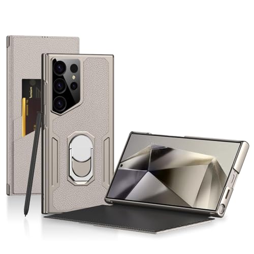 Image of Midkart Leather Flip Case Compatible with Samsung Galaxy S23 Ultra with Ring Holder Kickstand Card Holder Inner Hard PC Full Body and Camera Protection Case, Beige