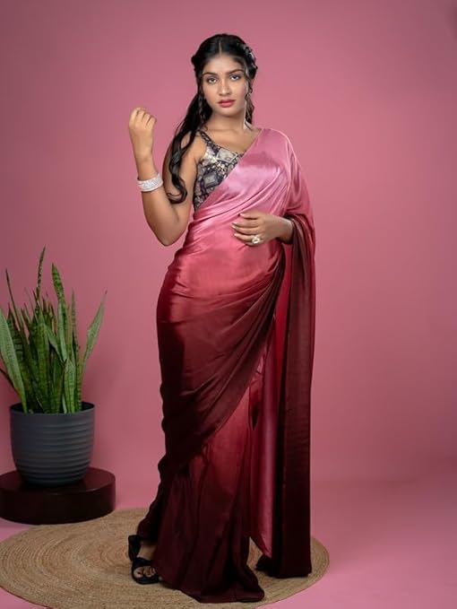 Ready to Wear Chiffon Ombre Sare for Women with Blouse Piece | 1 Minute Pre-Pleated Readymade Saree | Bollywood Style Pre-Draped Saree for Party, Wedding