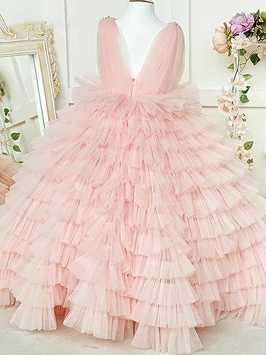 Flower Girl's V Neck Wedding Party Dress Tiered Tulle First Communion Dress Girls Birthday Gown2