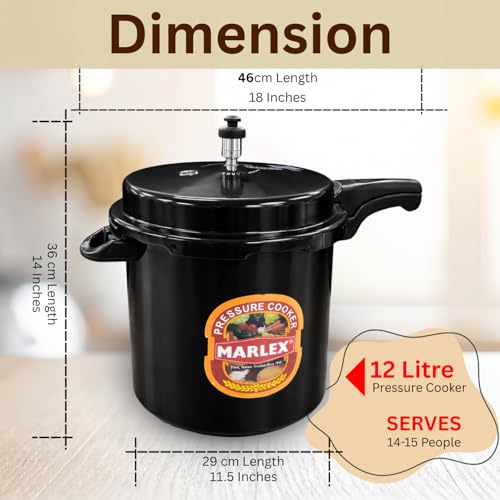 Image of Marlex Maestro 12 Litres Hard Anodised Pressure Cooker - 5 Year Warranty ISI Certified - Gas Stovetop Compatible - Ideal for Large Family, Commercial Use, Durable Black Cooker with Safety Valve