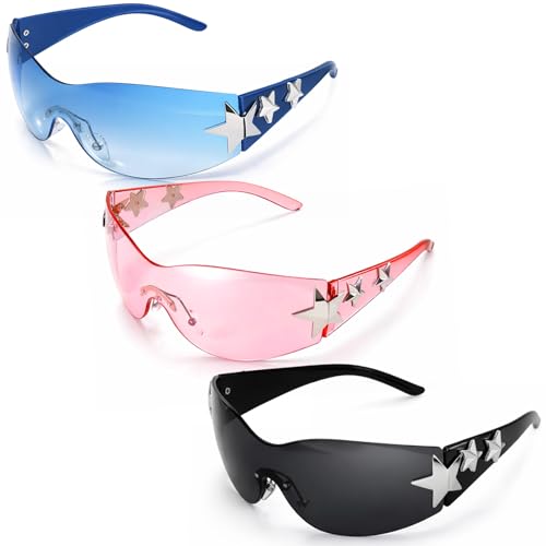 Ovveroche 3 Pairs Y2K Sunglasses for Women Men, Trendy Shield Wrap Around Sun Glasses, Rimless Star Sunglasses, Oversized Fashion Frameless Sun Glasses Cycling Driving Shopping Outdoor Multicolor 1
