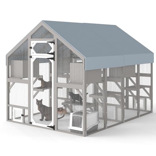 PetsCosset Large Cat Catio for Multiple Cats Outdoor Cat Patio Enclosures Wooden Walk in Cats House Outside Shelter Kitty Kennel Weatherproof Roof,Att