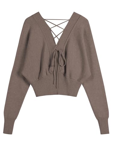 Image of ZAFUL Women V Neck Button Knit Crop Sweaters Batwing Sleeve V Back Ribbed Hem Pullover Sweater