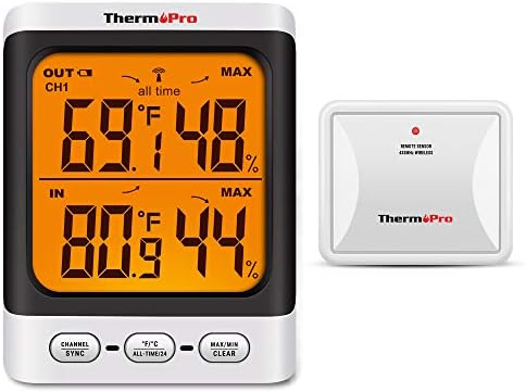 ThermoPro TP62 cyfrowy cyfrowy termometr z higrometrem, do użytku wewnątrz i na zewnątrz, z czujnikiem zewnętrznym, do kontroli klimatu w pomieszczeniu, podświetlenie tła