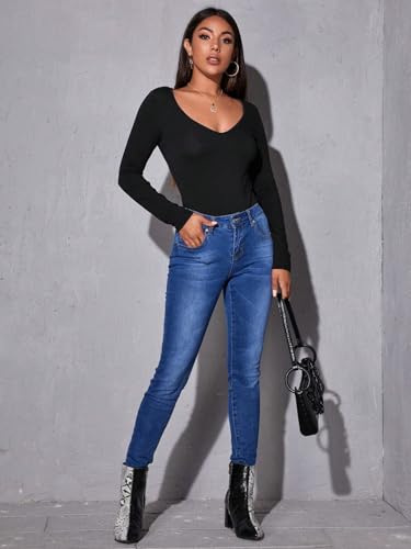 Image of Aahwan Women Cotton Blend Solid V-Neck Full Sleeves Fitted Tee Top