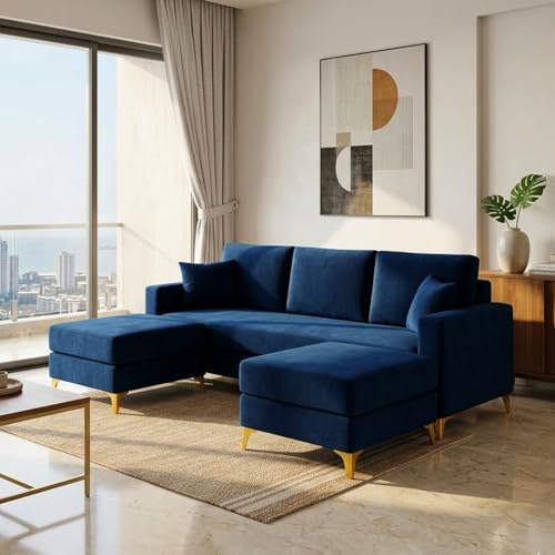 Image of SOCOZI Bravelle 5 Seater L Shape Sofa Set with 2 Movable Ottomans | Flexible Layout| Soft Velvet Suede Fabric|Modern Sofa | Plush Comfort Cushions for Living Room (Dark Blue)