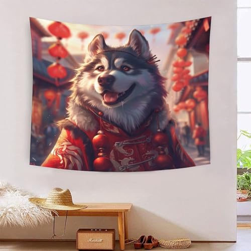 Tapisserie 3D Husky sibérien art mural tissu salon chambre 180x230cm