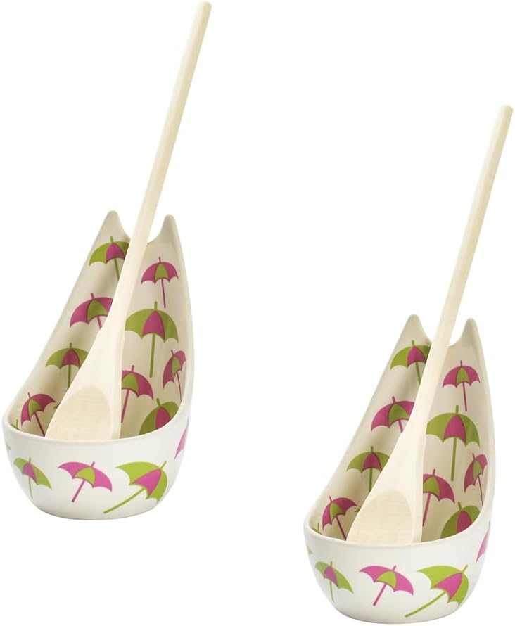 Temp-tations by Tara Standing Spoon Rest for Kitchen Counter with Wooden Spoons in Beach Umbrella - Set of 4 Farmhouse Spoon Rests for Stove Top, Cottage Core Decor Kitchen Accessories for Countertop