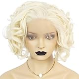 Anogol Hair Cap+Blonde Lace Front Wig Short Bob Curly Synthetic Hair Wigs for White Women Layered Platinum Blonde Lace Front Wig 613 Blonde Wig Synthetic Lace Front Wig for Custome Halloween Party