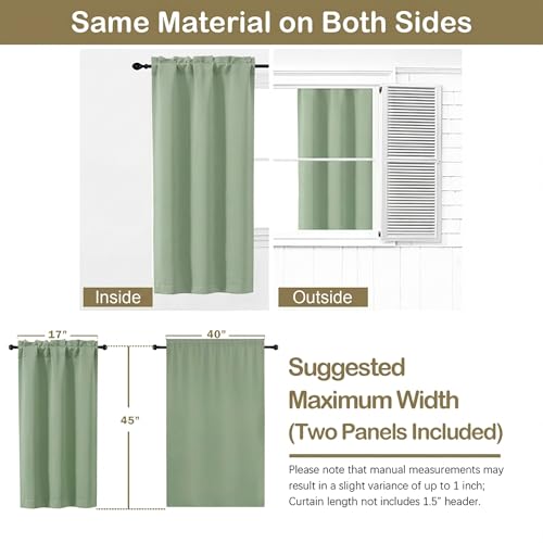 Image of Light Green Short Blackout Curtains for Bedroom 45 Inches Long 2 Panels Set, Solid Thermal Insulated Blackout Curtains, Energy Saving Soft Fabric Window Drapes, Dual Rod Pocket, 2x40Wx45L Inches